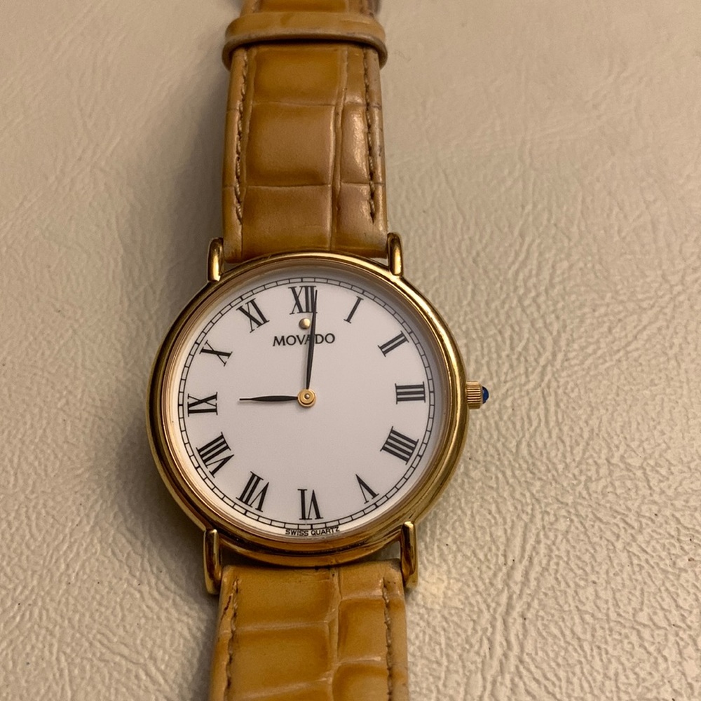 Movado Swiss Quartz Dress Watch | Gold Case and Sapphire In Knob 24mm